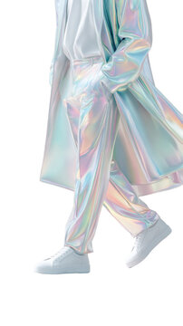 Lower body in iridescent holographic trench coat and pants with white sneakers fashion cutout