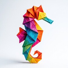 Obraz premium Colorful paper origami seahorse on white background. Vibrant rainbow folded paper craft animal shows detailed geometric texture. Creative handmade marine life sculpture for art decor kids hobby.