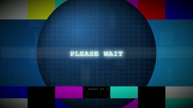 Retro VHS Glitch Screen with Please Wait Text and Color Bar Test Pattern