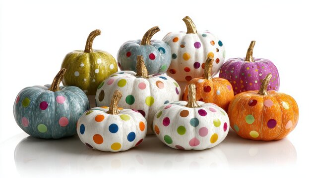 A festive collection of colorful pumpkins with playful polka dot designs, perfect for autumn d?cor and celebrations.
