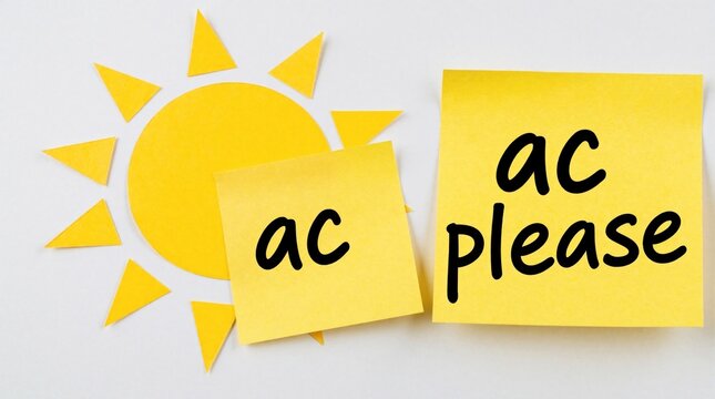 Yellow paper sun cutout with sticky notes on white background. Handwritten text says ac please. Concept of heat discomfort, need for air conditioning. Minimalist flat design symbol for hot summer