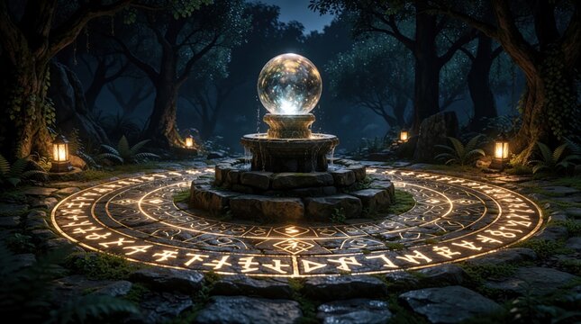 Mystical forest ritual site at night features glowing circle with ancient runes around stone fountain topped by radiant orb. Lanterns illuminate dark woods.