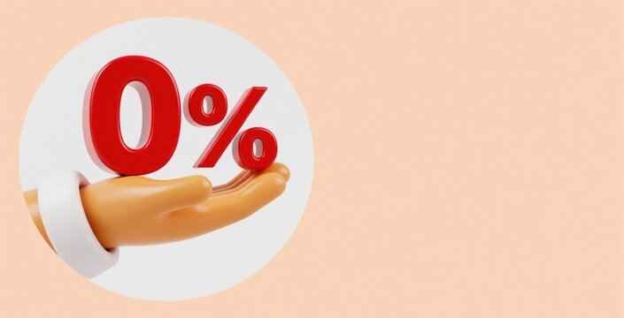 3D cartoon hand holds red zero percent offer sign. Financial promotion concept for shopping sales, discounts, or special loan rates. Great for advertising and commercial use.