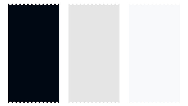 Set of three blank perforated ticket stubs in black light gray and white with perforated vouchers admission template background rectangles stationary documents isolated grayscale