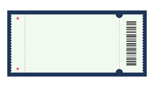 Blank event ticket stub with dark blue border and barcode admission template perforated entertainment reserved activity isolated rectangle document identity validation official