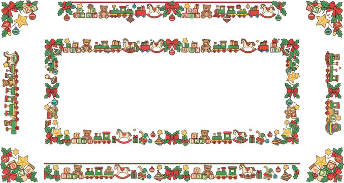 Christmas toy frame collection with rocking horses and trains toy border christmas toys rocking horse toy train holiday border teddy bear alphabet blocks christmas ornament holly leaves