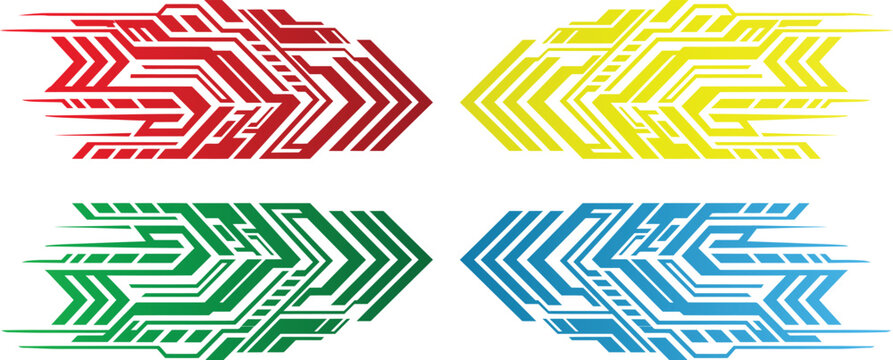 Set of four abstract futuristic speed arrows or racing decals in red, yellow, green and blue, vector graphic design element