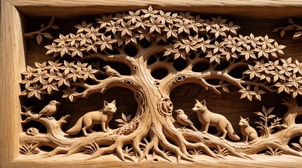 Fototapeta premium Intricate wood carving shows large tree with forest animals. Detailed sculpture features foxes, birds, leaves in relief. Handcrafted wooden art piece displays nature scene with organic textures.