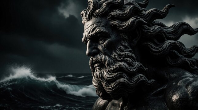 Sculpture of powerful ancient man facing stormy sea waves. Grim stone face looks out at ocean during rough weather. Majestic statue evokes endurance and challenge.