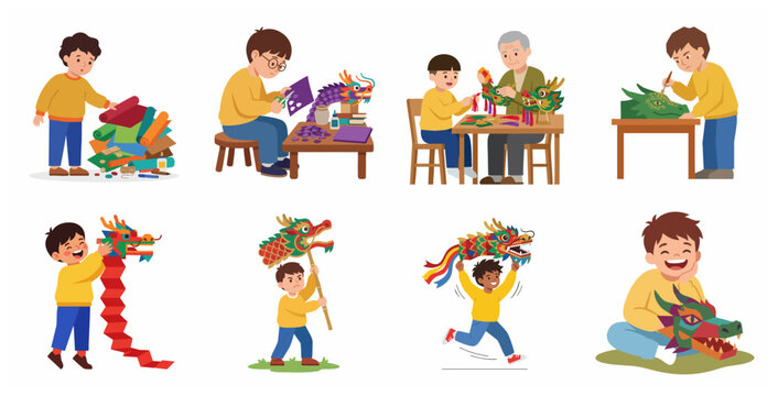 Set of flat vector illustrations showing a boy and his grandfather making a traditional Chinese dragon puppet craft, from preparation to playing.