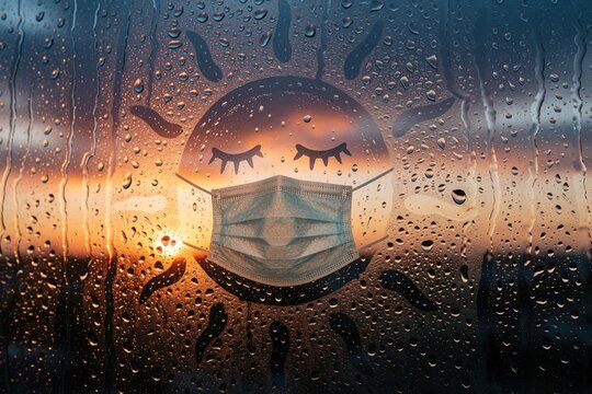 Sad sun face with closed eyes wears blue medical mask on wet window. Hand drawn sun art with raindrops during sunset. Concept of covid pandemic, social distancing, virus protection, global health