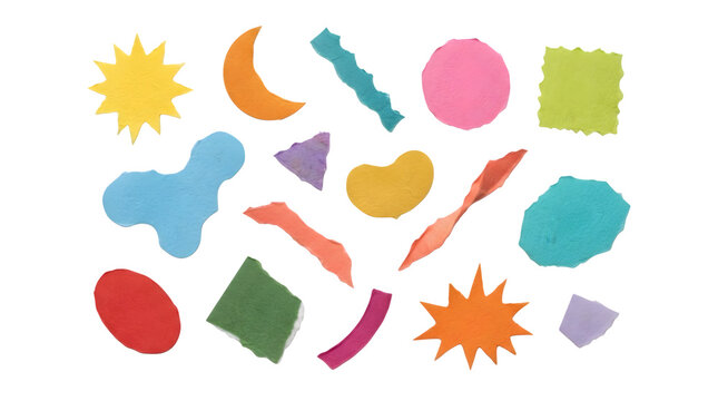 Set of colorful paper cutouts with various abstract shapes and textures isolated on transparent background