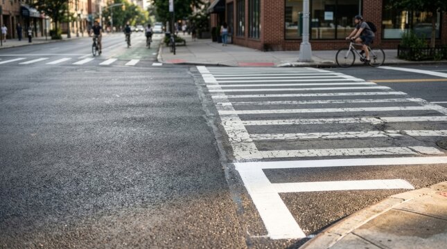 Worn and fresh crosswalk textures on wet city street with cyclists and copy space