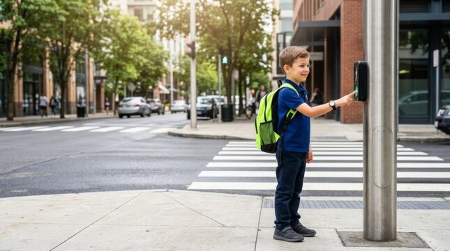 Young boy with backpack presses pedestrian signal button at city crosswalk for safe street crossing