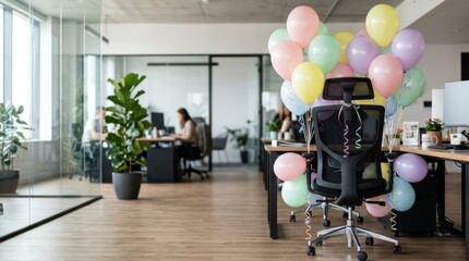Obraz premium Birthday balloons tied to office chair in bright modern workspace with copy space