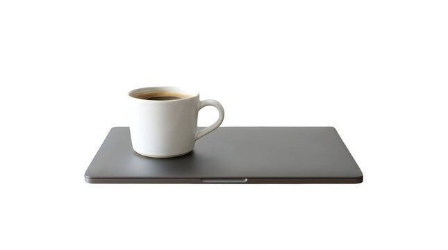 A white ceramic coffee cup placed on top of a closed dark grey laptop isolated on transparent background
