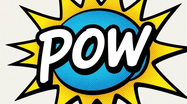 Bold comic book POW text graphic with yellow starburst and blue speech bubble. Retro pop art style explosion effect, action sound symbol for design.