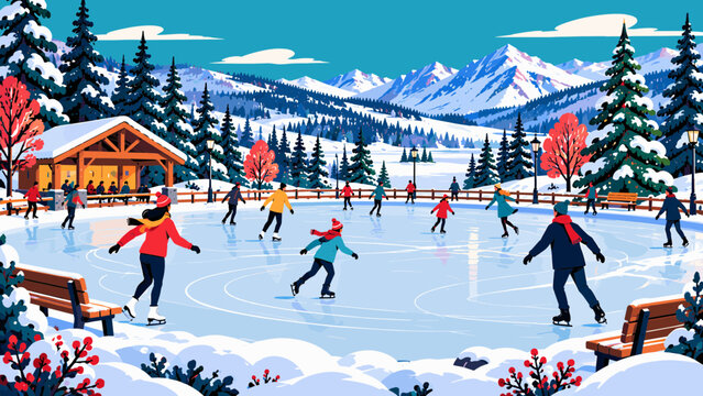 Winter Ice Skating Park with People Skating on a Frozen Outdoor Rink