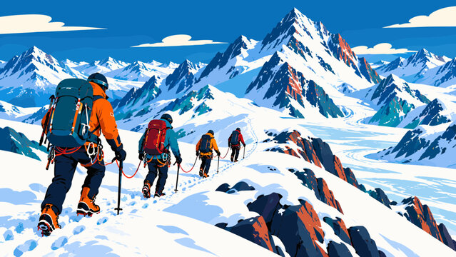 small group of mountaineers climbing across a vast snow-covered mountain slope 