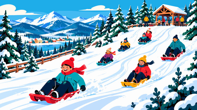 winter sledding hill with families and children riding simple generic sleds down a broad snowy slope