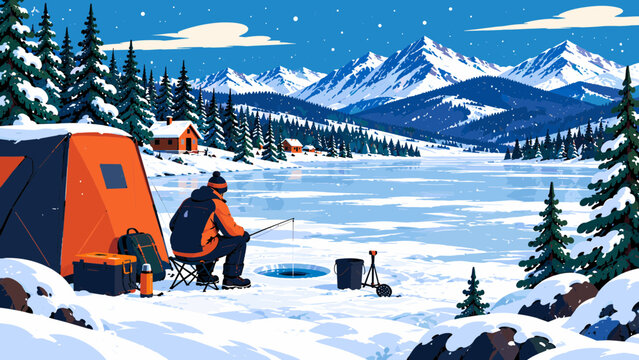 Winter Fishing Camp Beside a Frozen Lake with Angler at Ice Fishing Hole