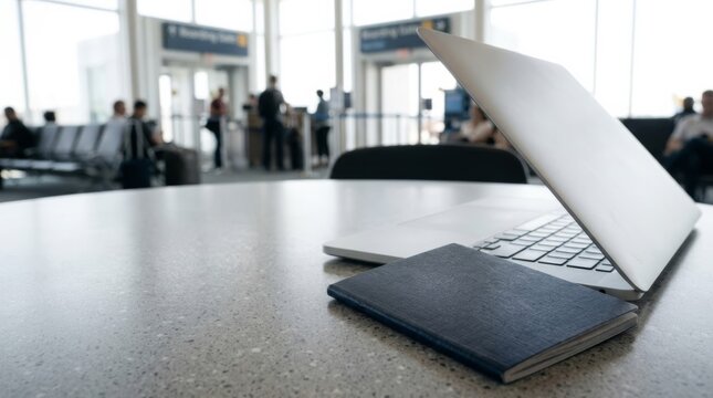 Passport and laptop on airport table, ready for travel, with copy space for business or leisure