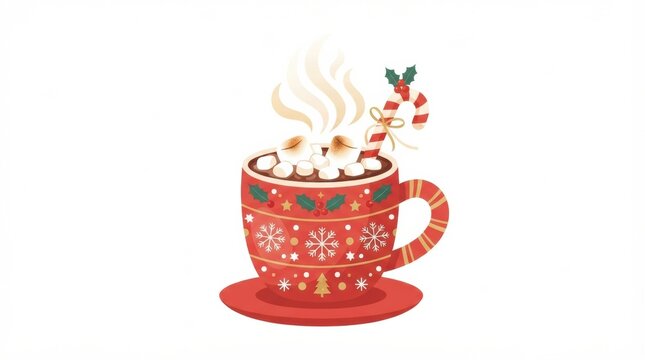 A decorated cup filled with hot cocoa, topped with marshmallows and a candy cane, ready for Christmas holiday festivities.