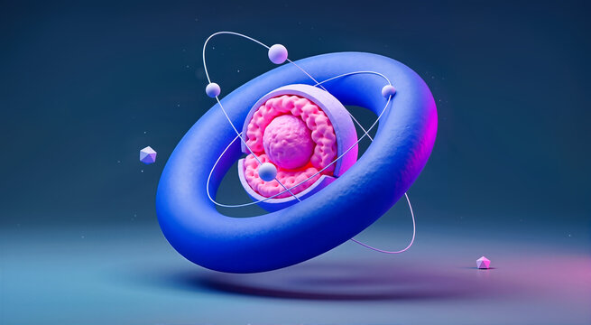 Abstract medical banner featuring a detailed cutaway cell nucleus with nested pink layers inside a blue torus ring. Scientific research background for microbiology, genetics and biology concept