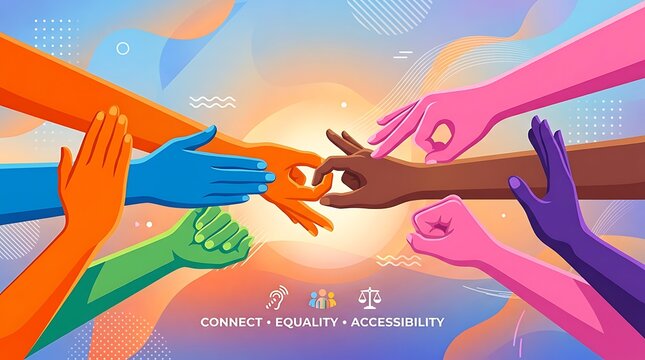 Colorful hands reaching toward one another while signing, minimal text