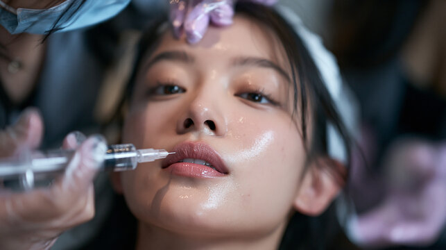 Young Woman Receiving Lip Filler Injection at Beauty Clinic
