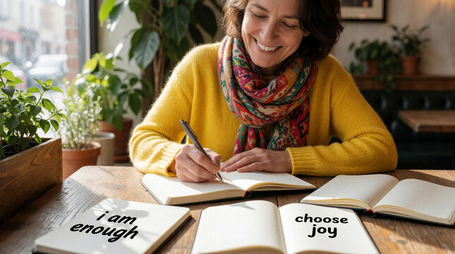 Woman smiles writing positive affirmations in notebook at cafe table. She uses pen, journal, books with phrases like choose joy, i am enough, for self care and mental wellness.
