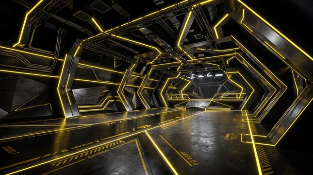 Futuristic Sci-Fi Interior Stage with Yellow Neon Lights