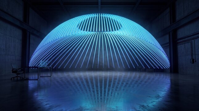 Futuristic Glowing Blue Light Dome in Cyber Laboratory