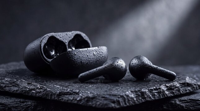 Sleek Matte Black Wireless Earbuds with Charging Case on Dark Slate for Tech E-Commerce