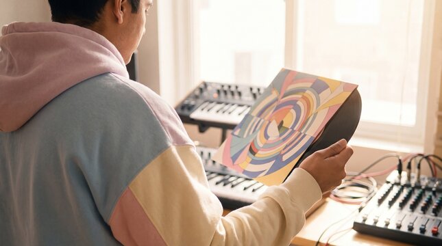 Latino Producer Holding Vinyl Record in Sunlit Home Studio for Music Blog Banner
