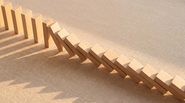 Minimalist Wooden Dominoes Toppling in Chain Reaction on Beige Table for Business Banner