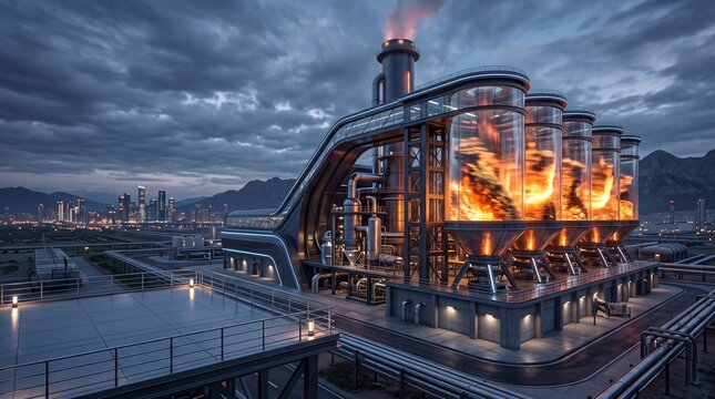 Futuristic Industrial Power Plant with Fire Energy Reactors