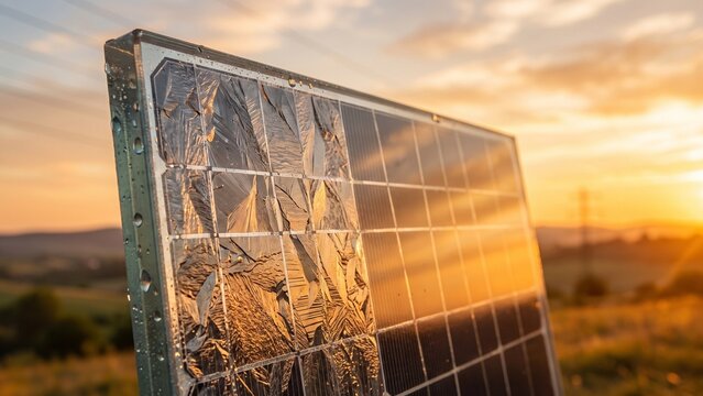 Bifacial solar panel with microcrystals reflecting the sky at dawn