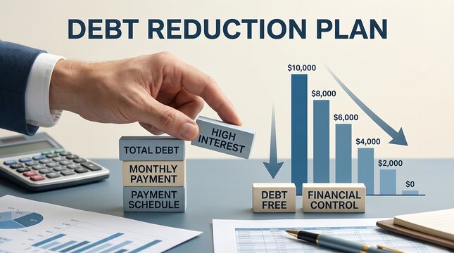 A business person stacks wooden blocks to illustrate a successful debt reduction plan with a declining financial graph