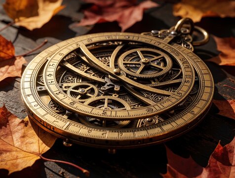 Antique brass astrolabe detailed with intricate gears rests on dark wood surface in scattered autumn leaves. This vintage scientific instrument offers a glimpse into history and celestial navigation.