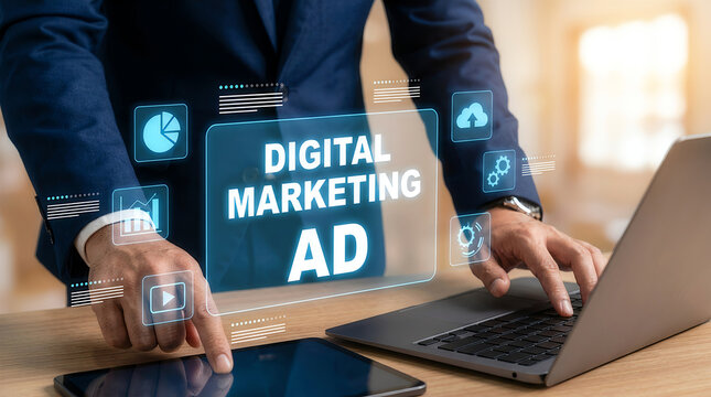 Businessman using laptop with digital marketing hologram interface