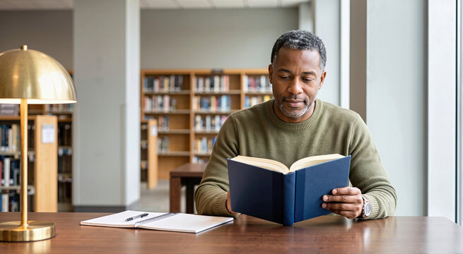 Focused Black man reading a blue hardcover book at a library desk. Mature male student studying with a brass lamp and notebook