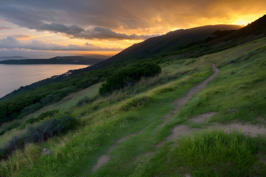 Cloud-draped hillside during sunset