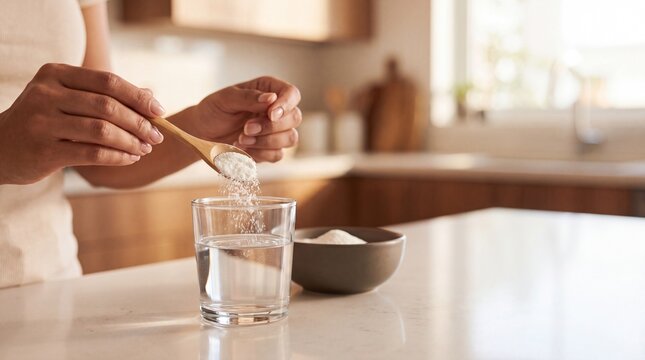 Indian Female Hands Pouring L-Glutamine Powder into Water Glass for Daily Wellness Routine