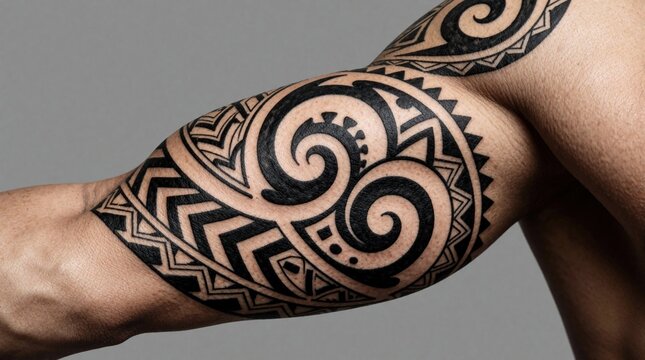 Detailed tribal tattoo on a muscular arm. Bold black ink swirls and geometric shapes adorn human skin. Studio shot on gray backdrop shows intricate body art design.