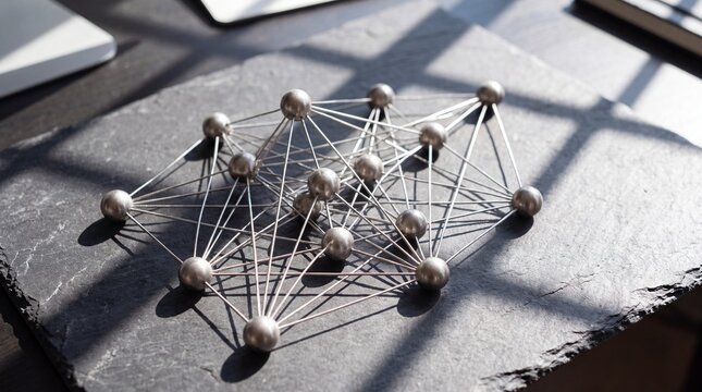 Physical Neural Network Model on Dark Slate Desk for AI Technology Background