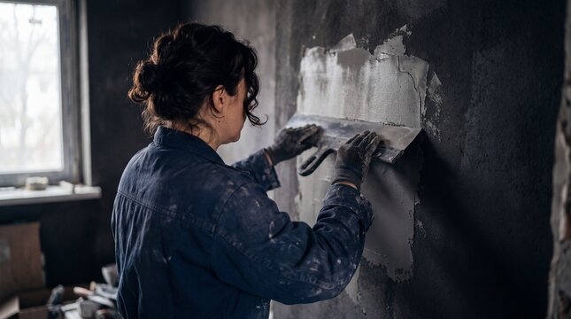 Indian Female Plasterer Smoothing Drywall with Skimming Blade in Home Renovation