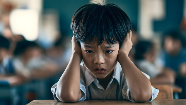 A troubled Asian student at school is shielding his ears, indicating sensory overload or excessive noise. The child appears anxious and overwhelmed, possibly due to mental health concerns
