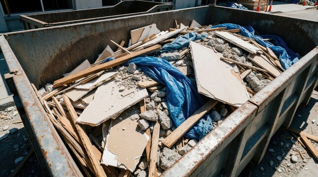Large dumpster overflows with renovation debris like wood, drywall, and concrete rubble on a sunny building site. Pile of discarded materials awaits removal. Waste disposal, cleanup work.