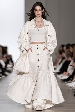 Brunette model presents a white cropped top utility jacket and flowing button front maxi skirt with a shoulder bag on a runway Concept of refined resort fashion